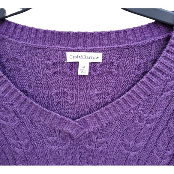 Croft And Barrow Purple Cable Knit Sweater Extra Long Sleeves V Neck Medium - Picture 2 of 3